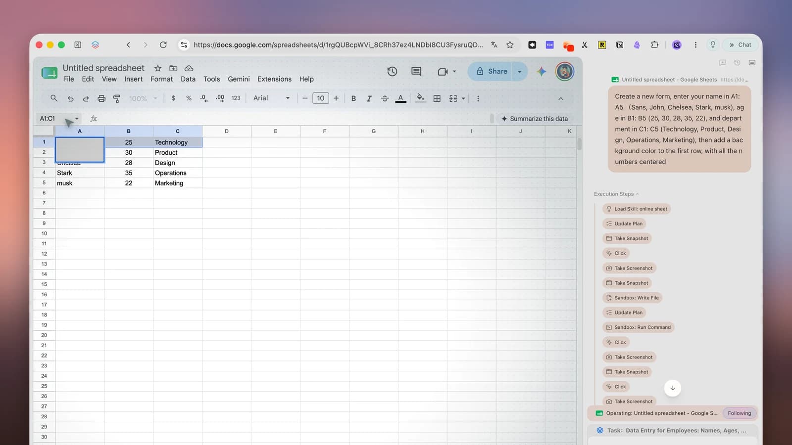 Tabbit Browser Agent Mode entering employee data into a Google Sheets form, with the execution-steps trail visible in the right sidebar