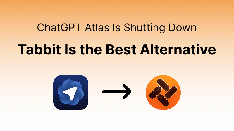 ChatGPT Atlas está cerrando — Tabbit es la mejor alternativa, con el icono de Atlas apuntando al icono de Tabbit