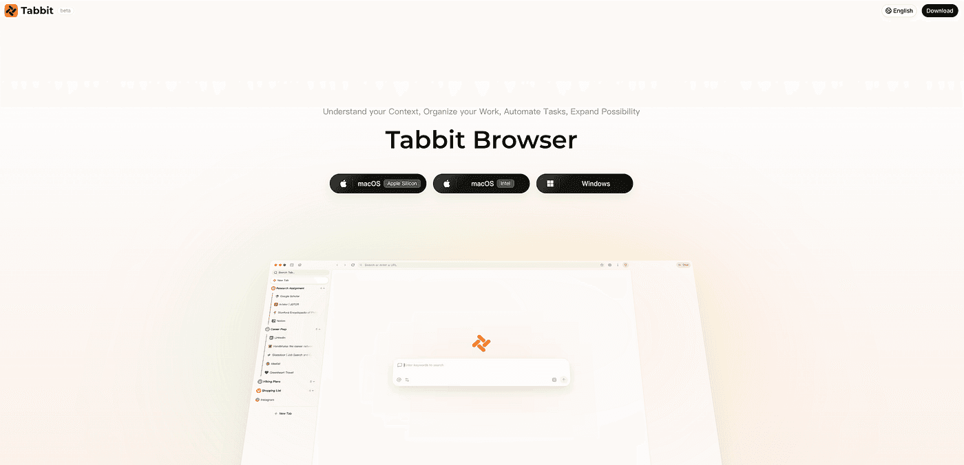 Tabbit Browser product page showing macOS and Windows downloads as a ChatGPT Atlas alternative