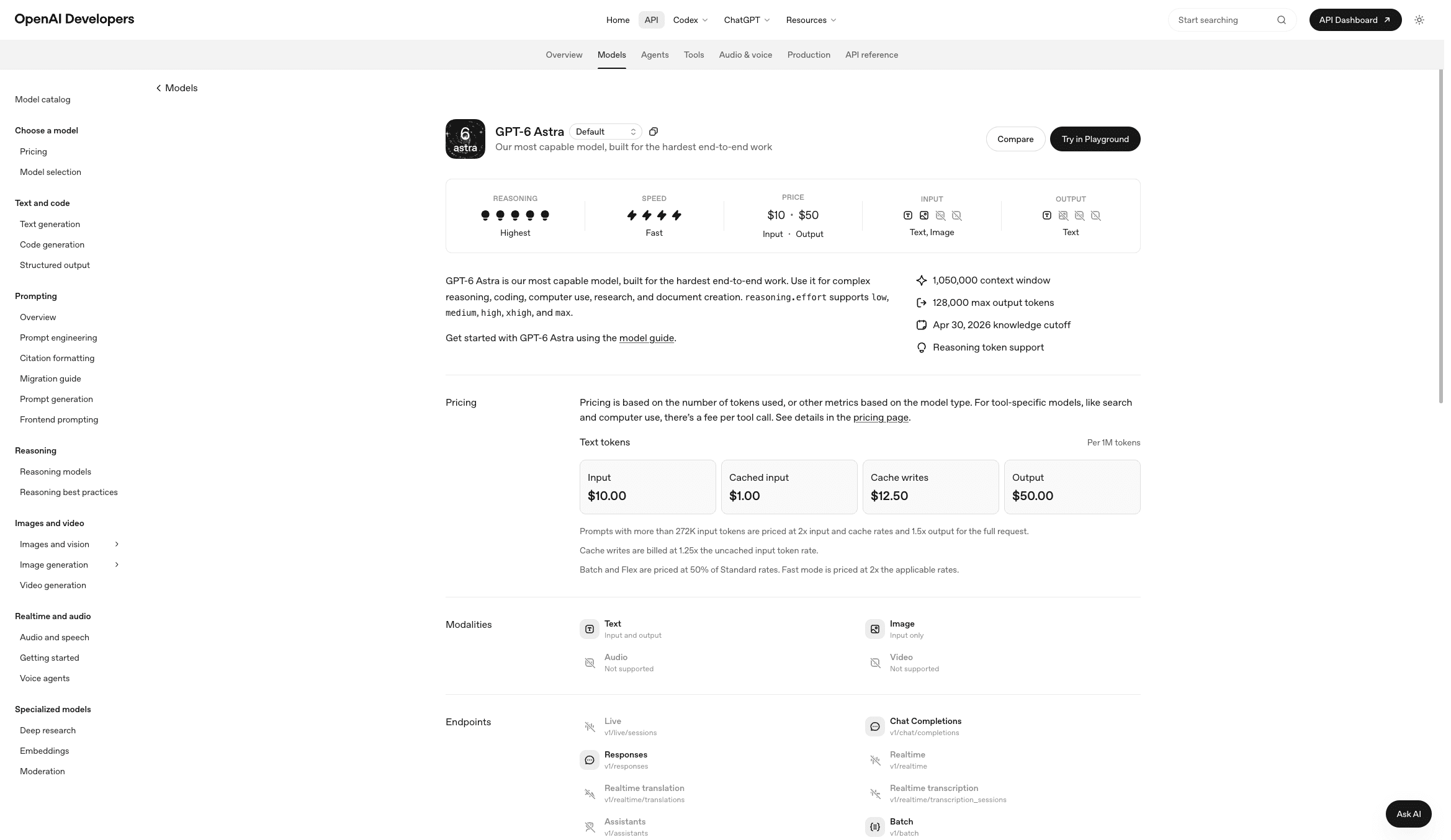 OpenAI 的 GPT-6 Astra 模型页面，展示其 token 定价表