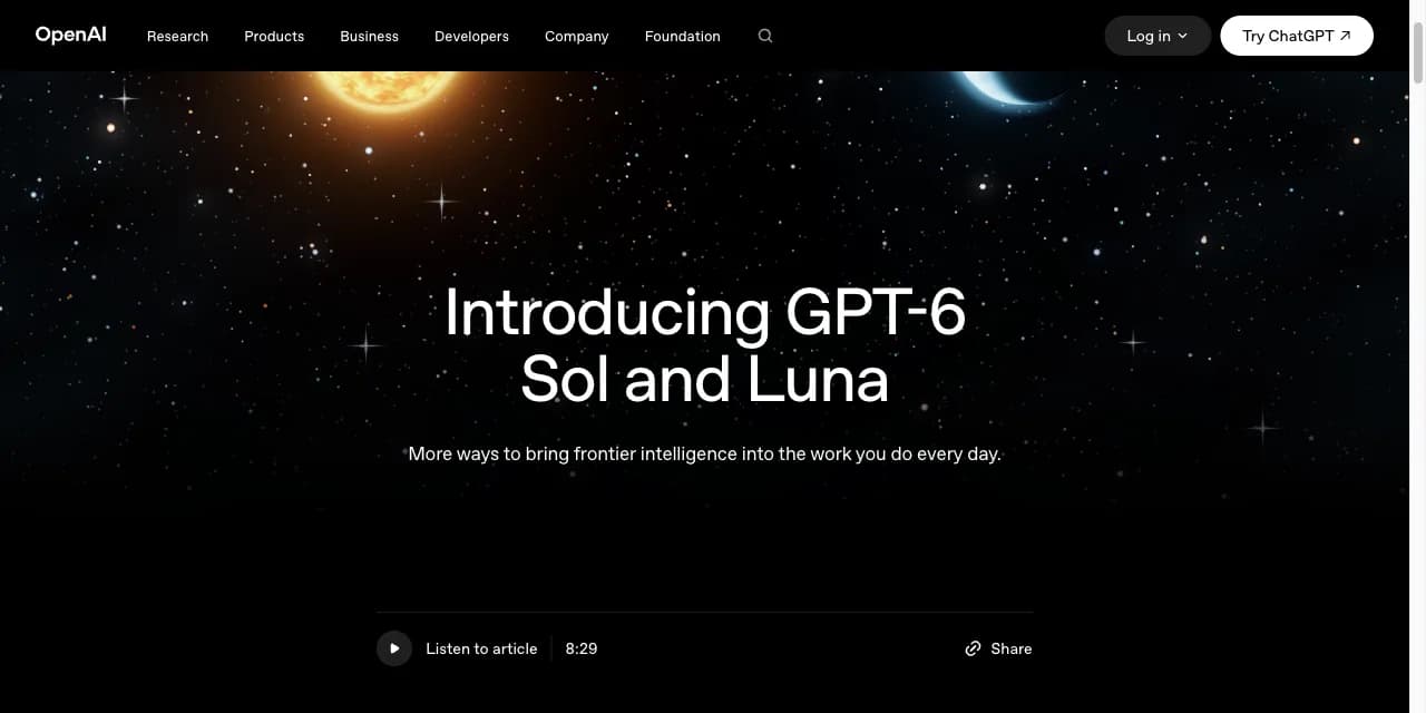 OpenAI 官方公告页 GPT-6 Sol and Luna，太阳与月亮的发布主视觉
