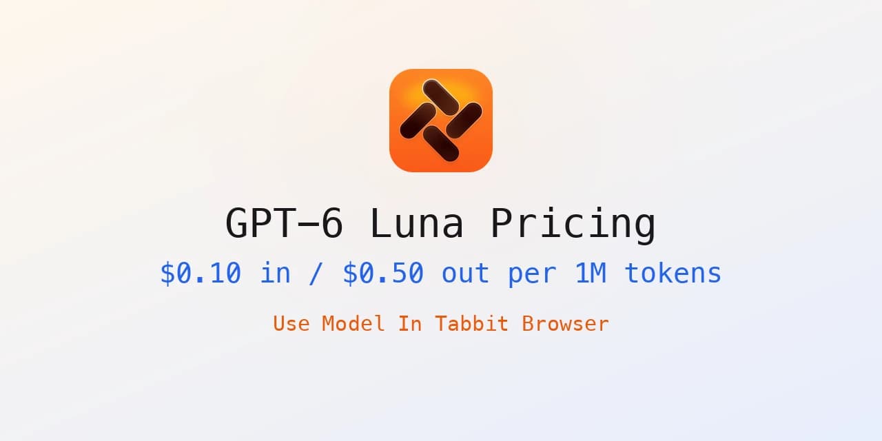 Tabbit Browser 封面：GPT-6 Luna 价格，显示每百万 token 输入 $0.10、输出 $0.50，并带有“Use Model In Tabbit Browser”字样