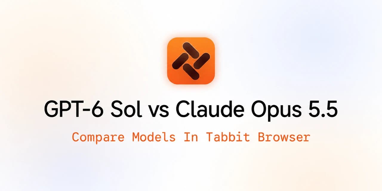 封面展示 GPT-6 Sol 对比 Claude Opus 5.5 ，并显示“Compare Models In Tabbit Browser”字样