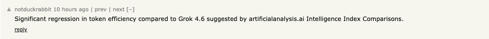Hacker News 评论认为 Grok 4.7 相对 Grok 4.6 的 token 效率退步