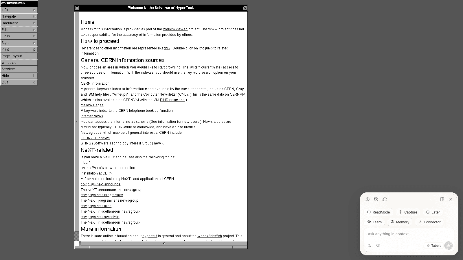 CERN WorldWideWeb 시뮬레이터의 흑백 창과 하이퍼텍스트 링크