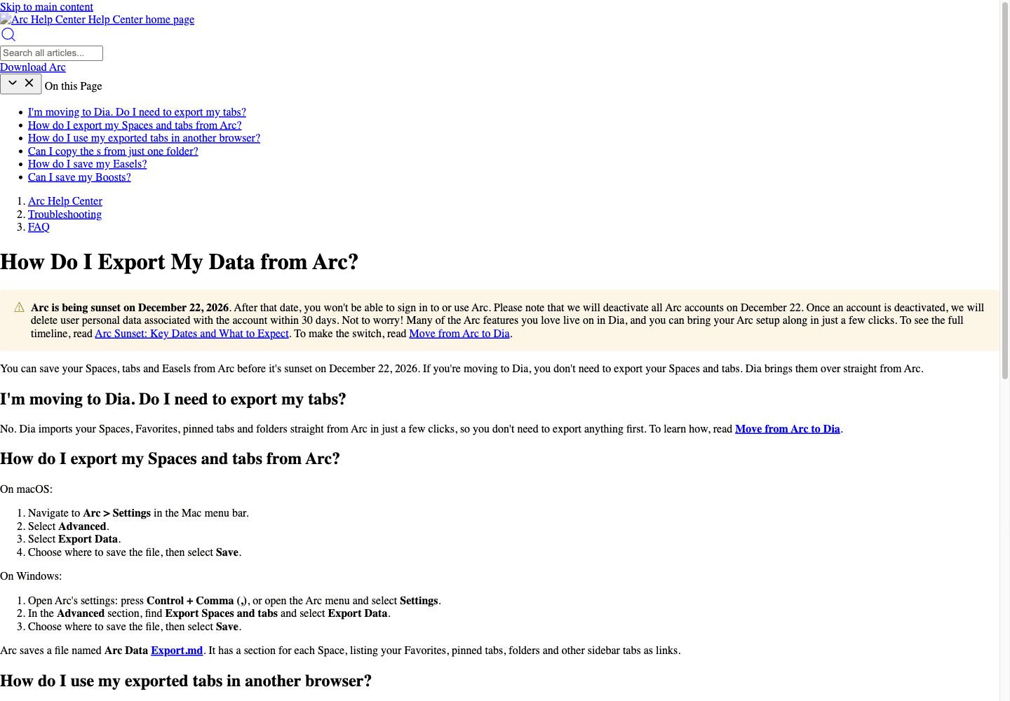 Arc 官方帮助文档，列出 macOS、Windows 导出步骤及 Markdown 文件名