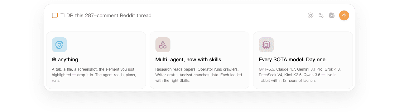 맥락 첨부, Skills가 있는 전문 Agent, 여러 모델을 보여 주는 Tabbit 공식 사이트