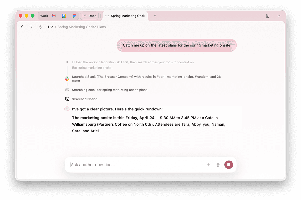 Dia browser with pinned apps, tabs and an AI conversation about work plans