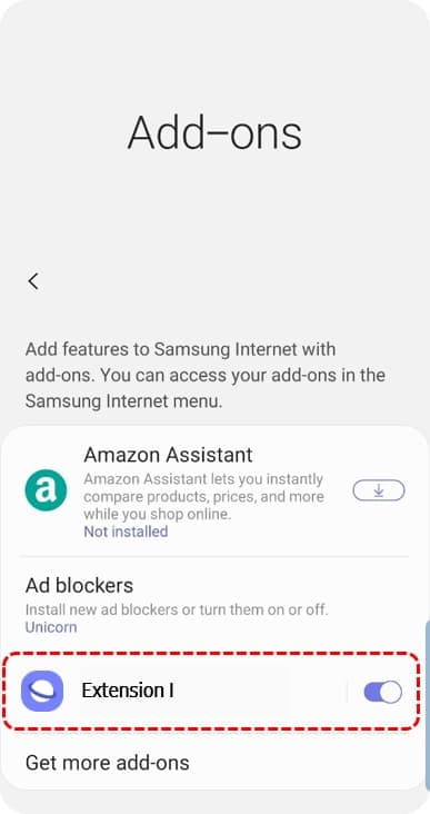 Samsung's official guide showing mobile add-ons inside its browser