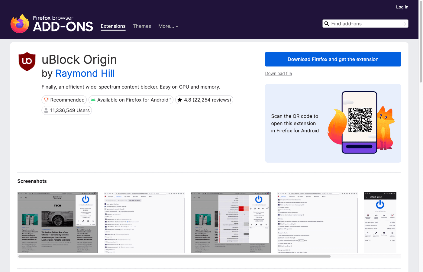 Official uBlock Origin listing showing its Firefox for Android availability label