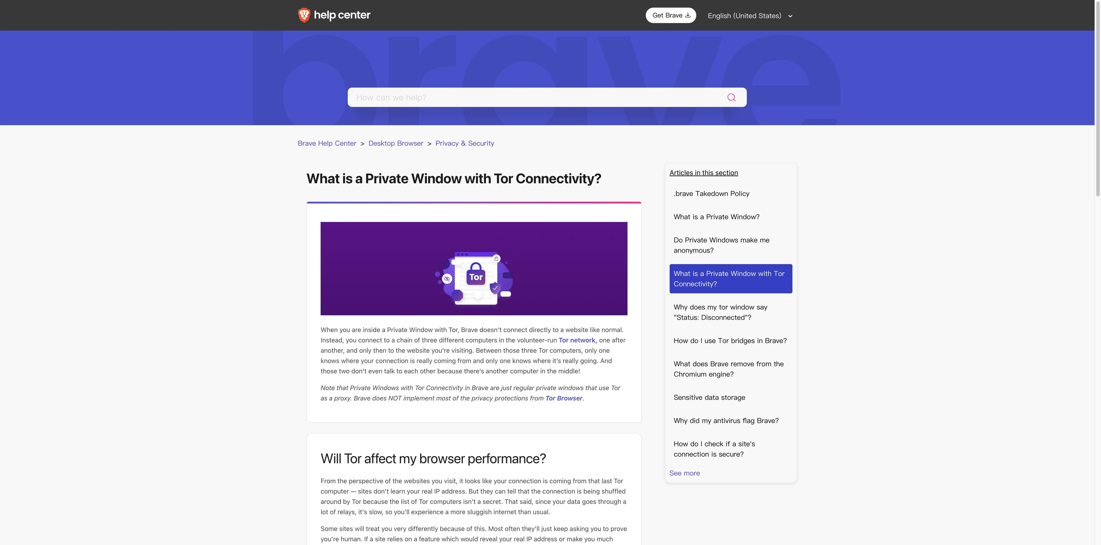 Brave Help Center article explaining that a Private Window with Tor Connectivity is a regular private window using Tor as a proxy.