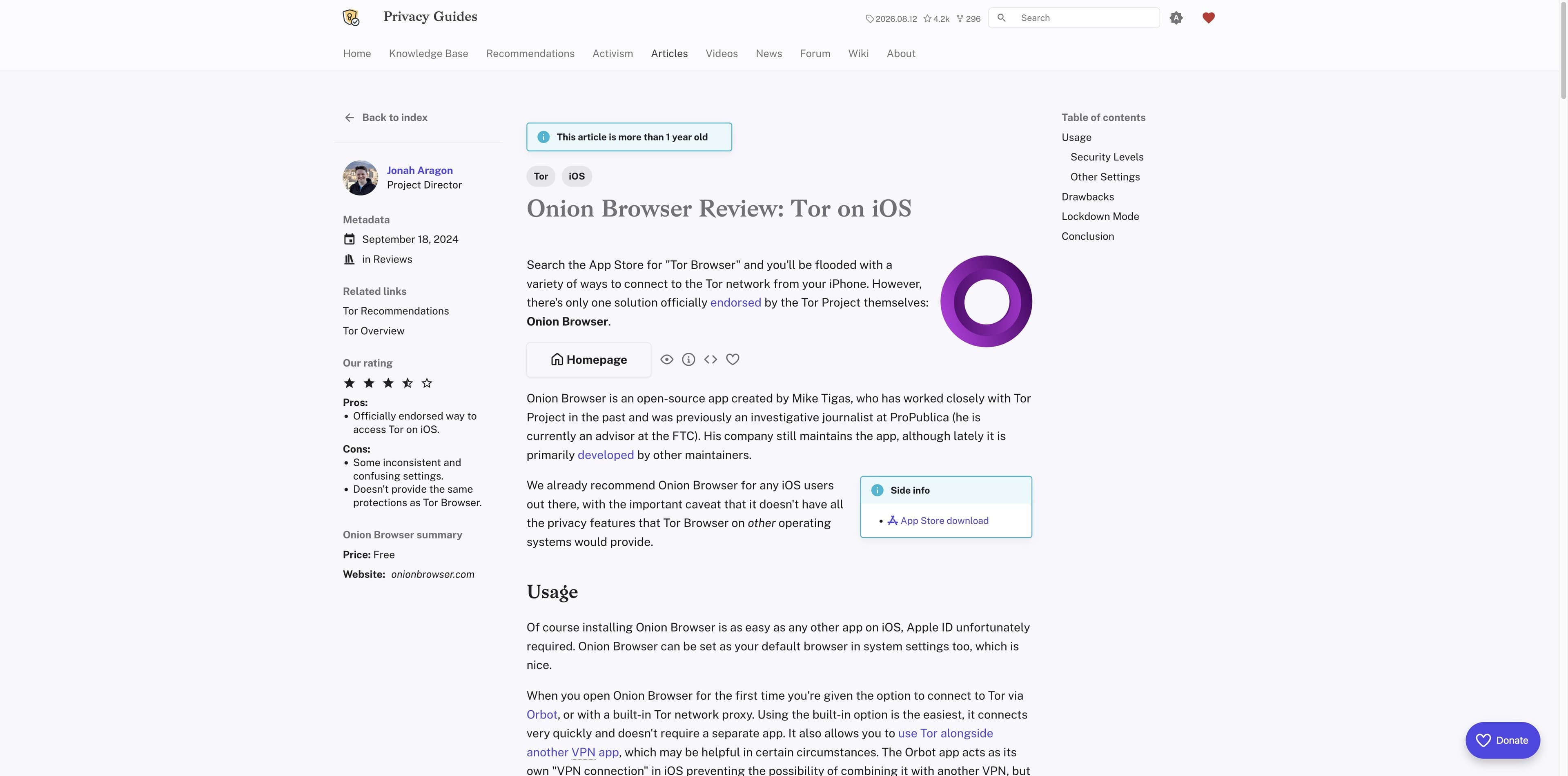 Privacy Guides review titled Onion Browser Review: Tor on iOS, with its rating, strengths and limitations visible.