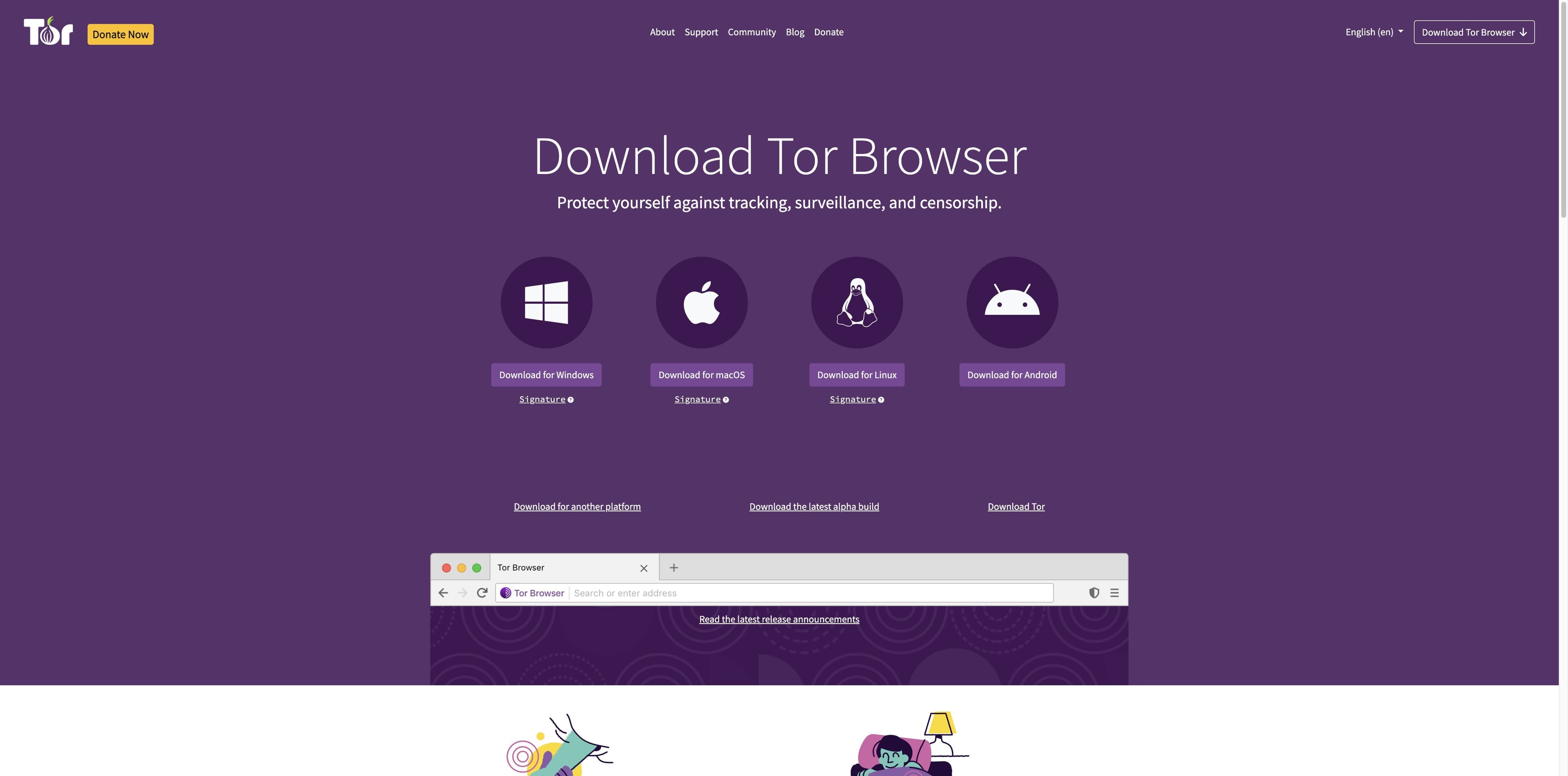 Tor Project download page with official Tor Browser buttons for Windows, macOS, Linux and Android.