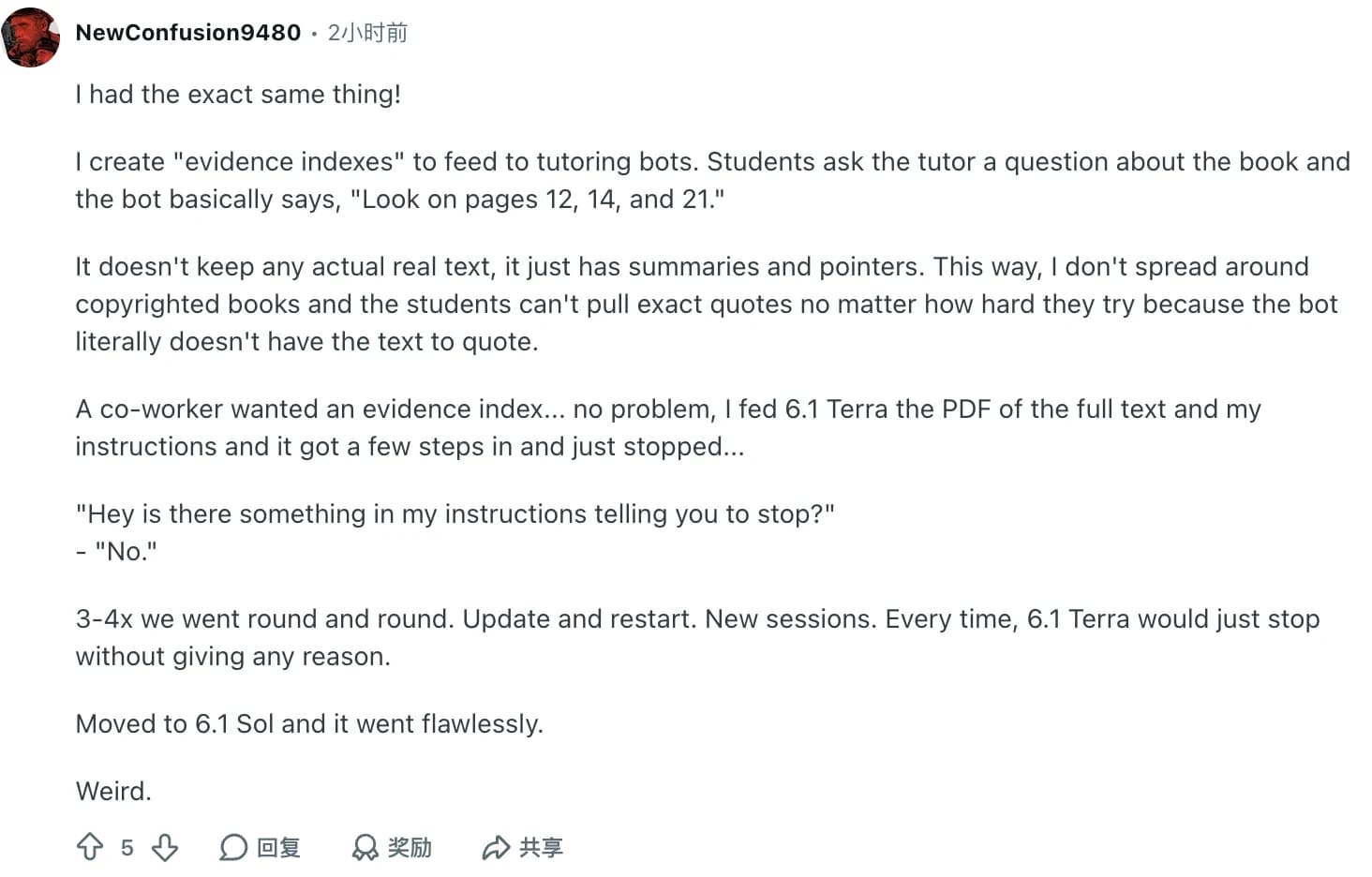 NewConfusion9480 的 Reddit 评论，描述 PDF 索引任务中反复停止的问题