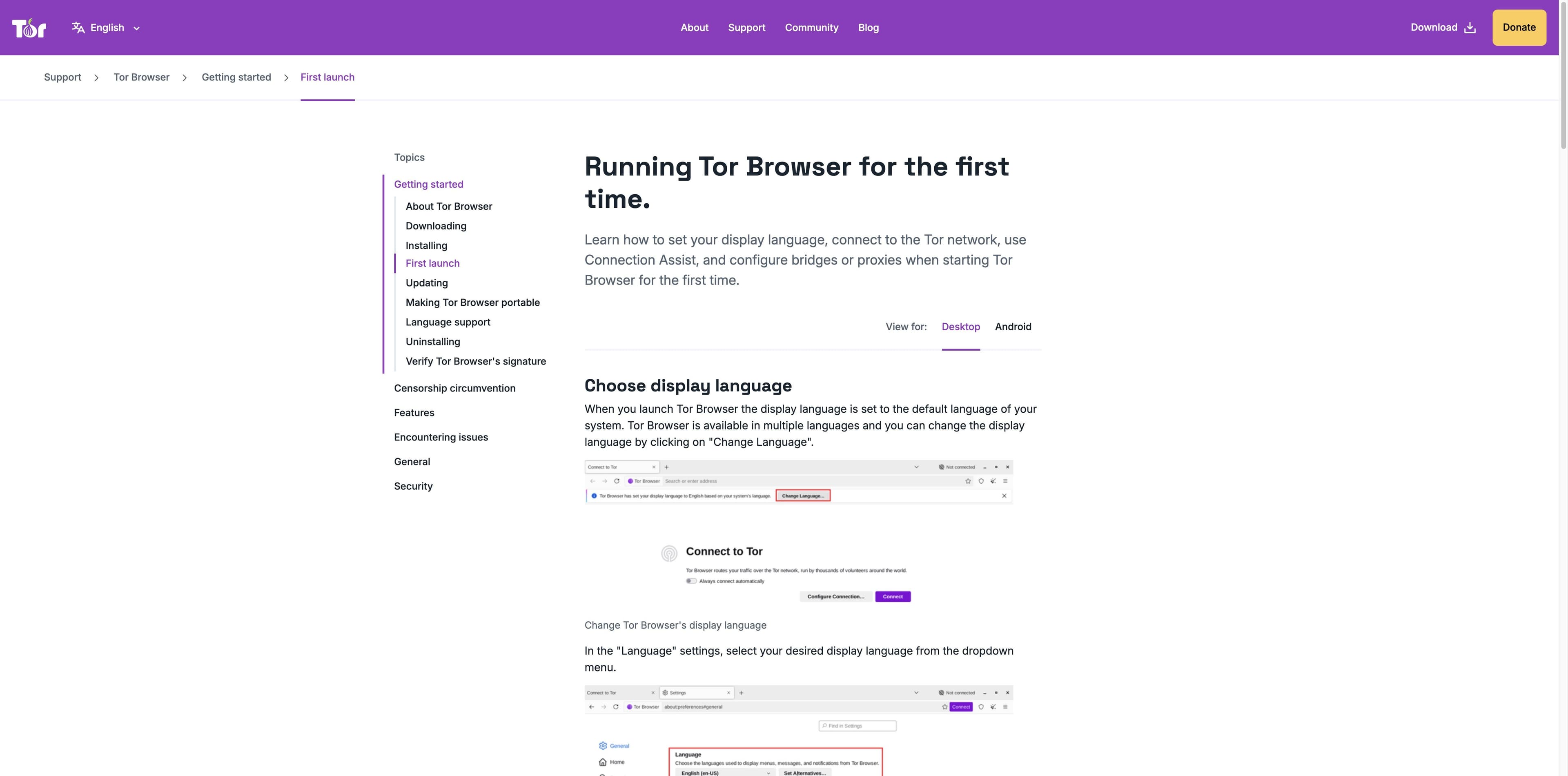 Tor Project 지원 페이지에서 첫 실행 언어 선택과 Connect to Tor 창을 보여 주는 화면.