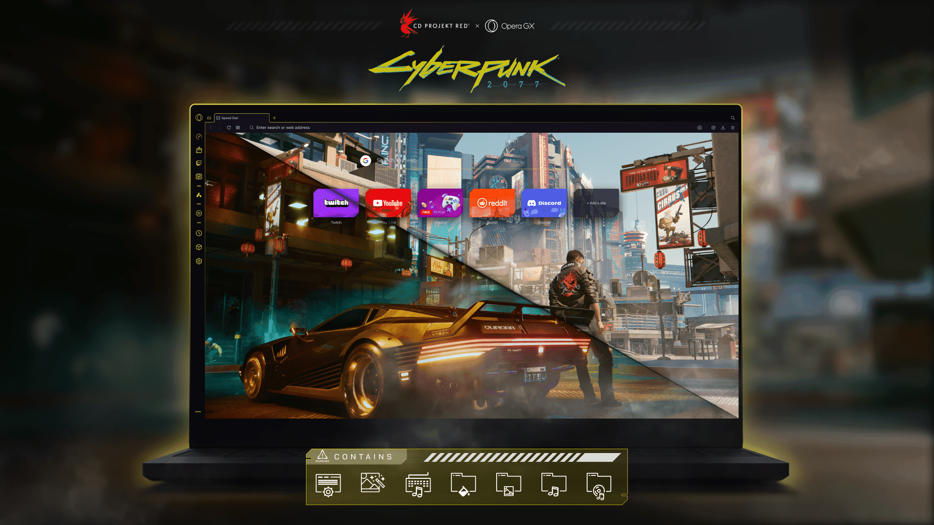 Opera GX browser interface with Cyberpunk 2077 branding, custom wallpaper and gaming sidebar controls