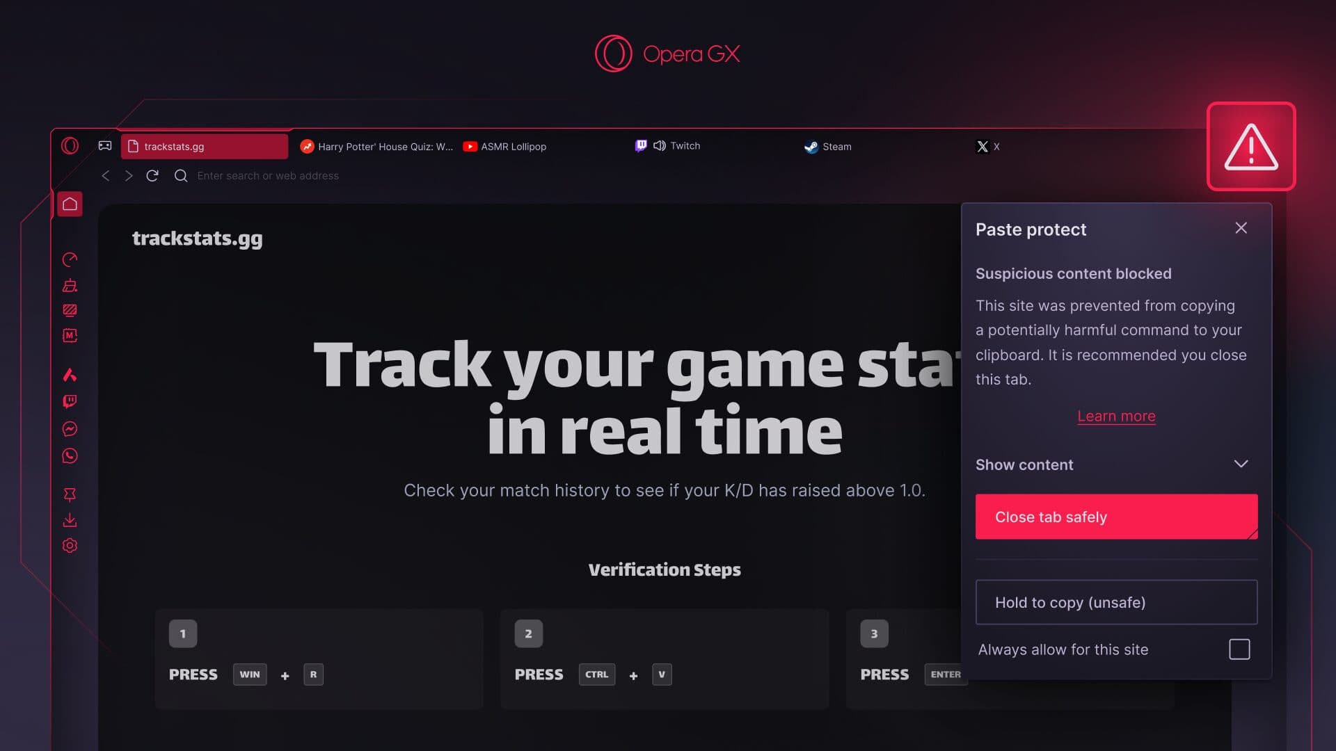 Official Opera GX Paste Protect panel warning that suspicious content was blocked on a gaming website