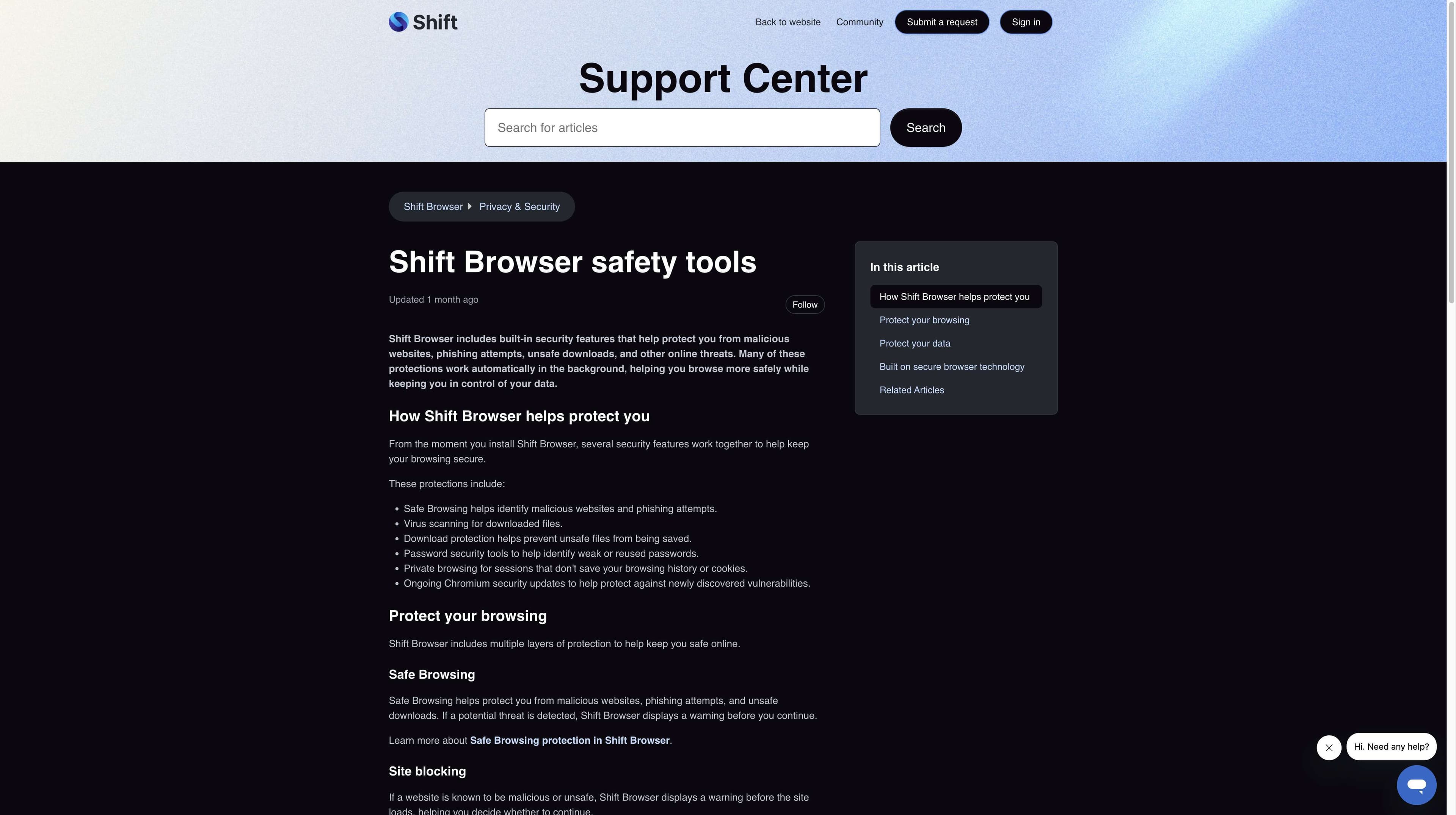 Shift Browser Safety tools support page showing Safe Browsing, virus scanning, download protection and secure browser technology