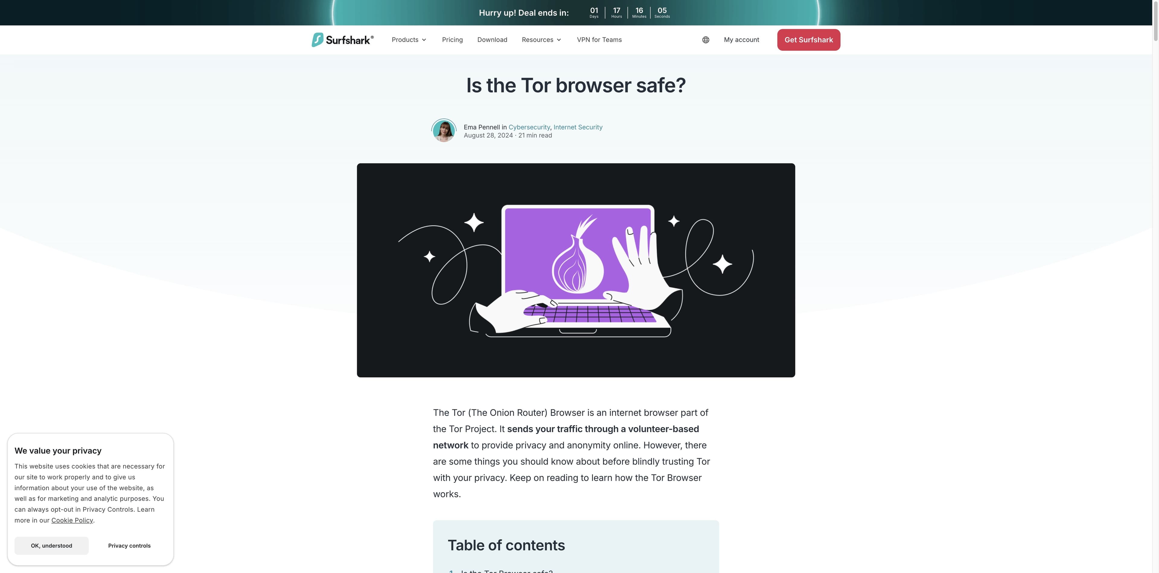Surfshark article page titled Is the Tor browser safe?, with the opening explanation and table of contents visible.