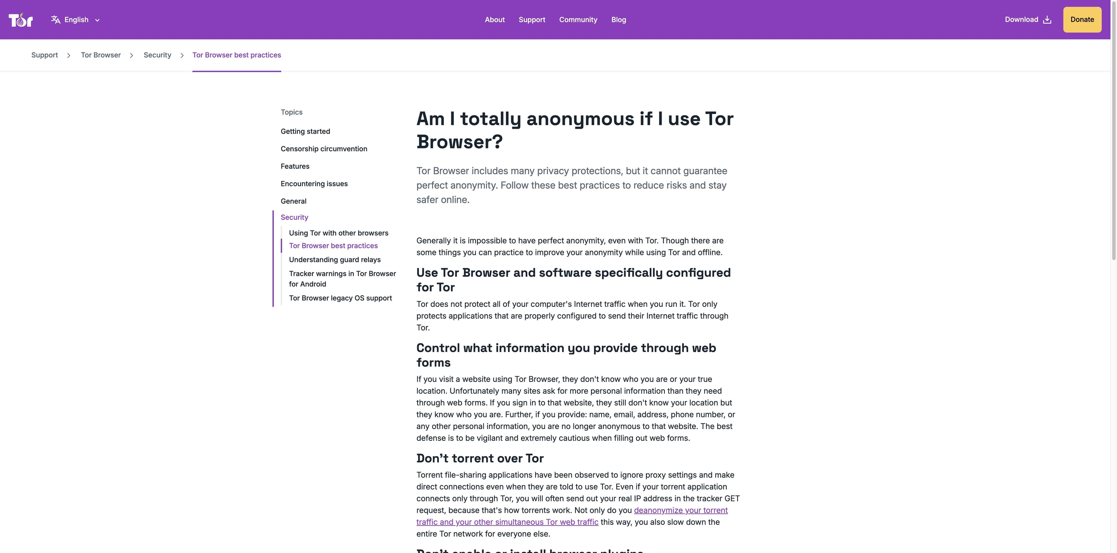 Tor Project support page titled Am I totally anonymous if I use Tor Browser?, with best-practice headings in the main article.