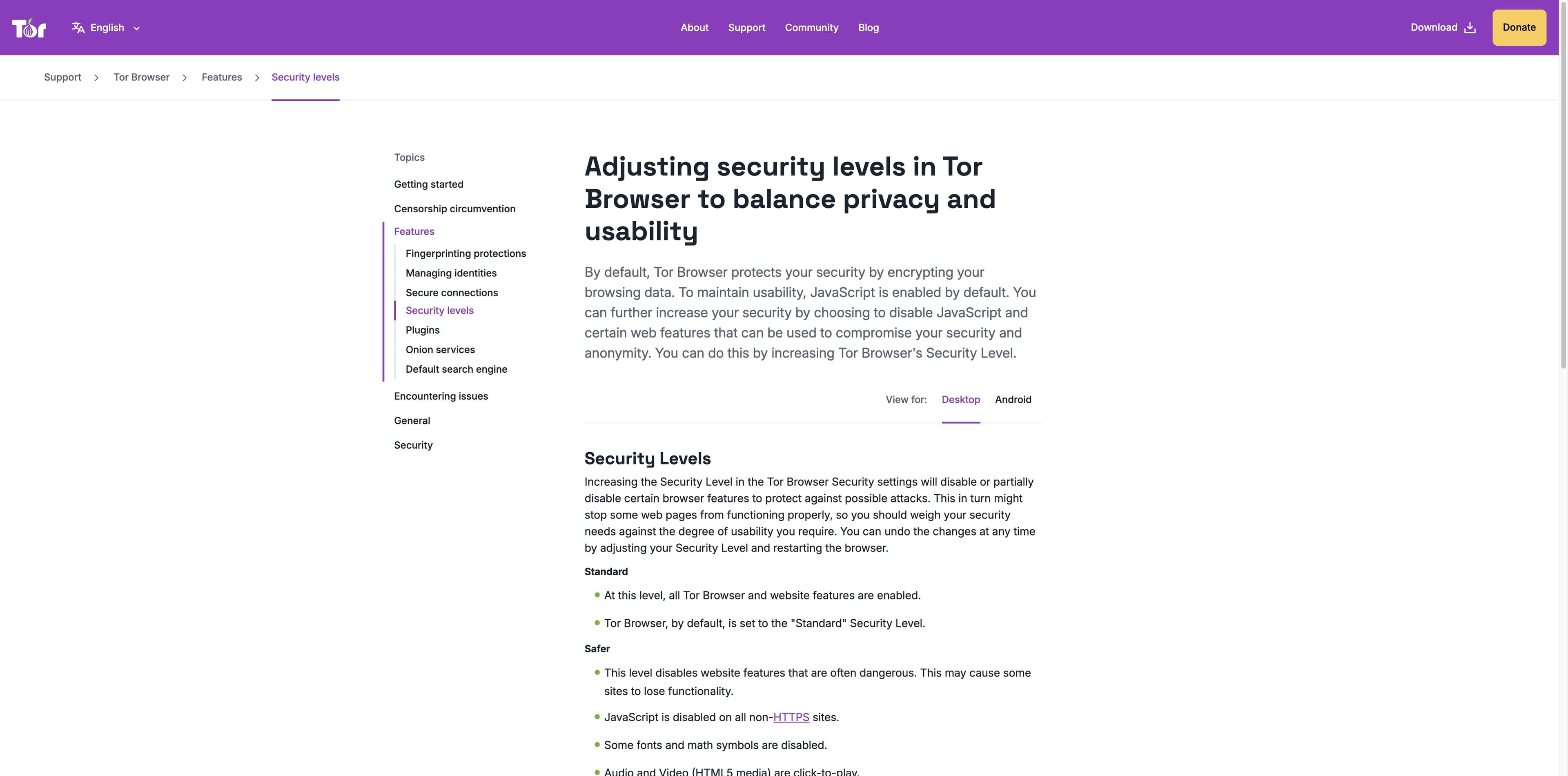 Tor Project security levels page explaining how Standard, Safer and Safest balance privacy and usability.