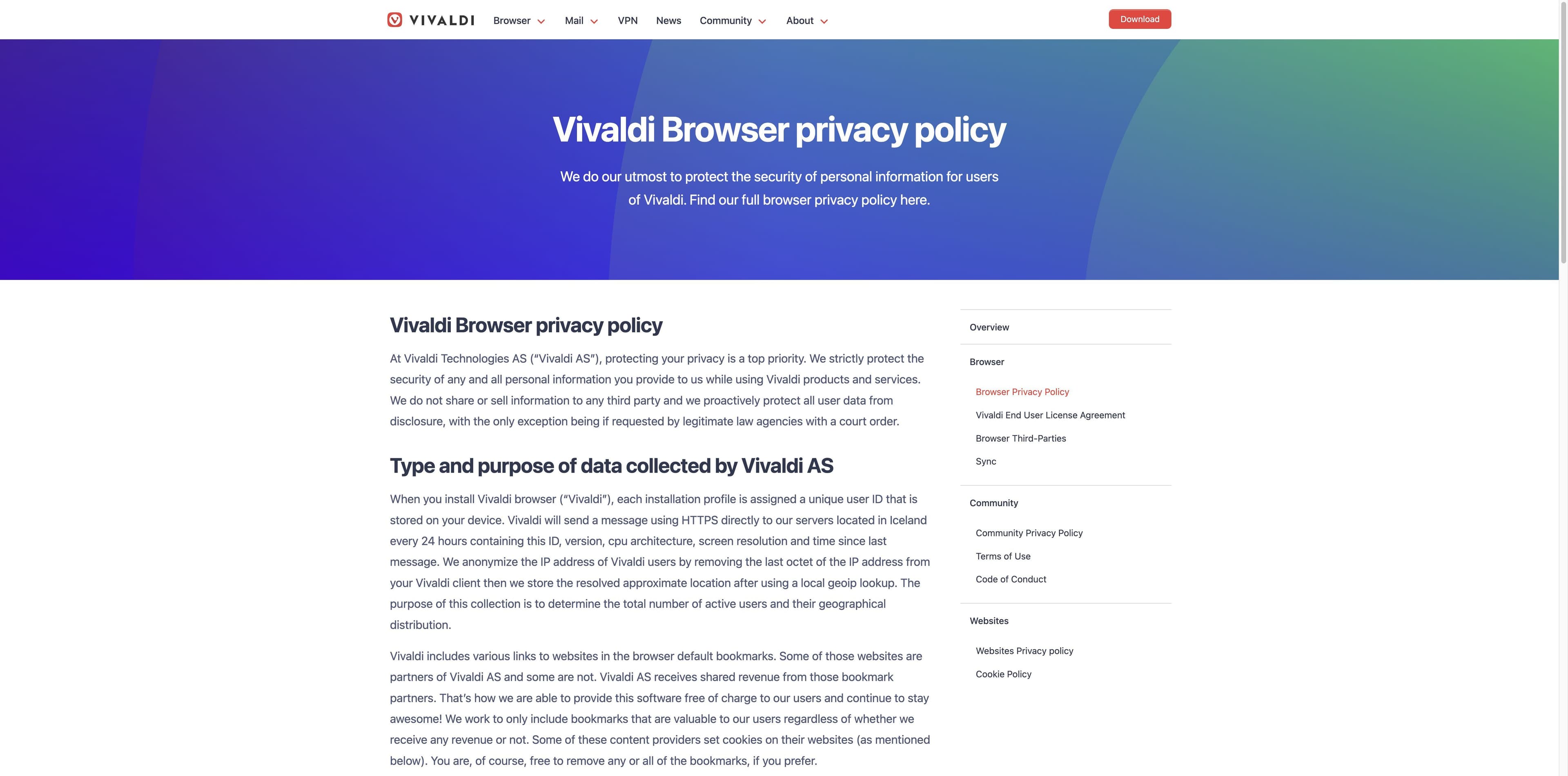Vivaldi Browser privacy policy page showing the section on installation IDs, HTTPS messages and approximate location
