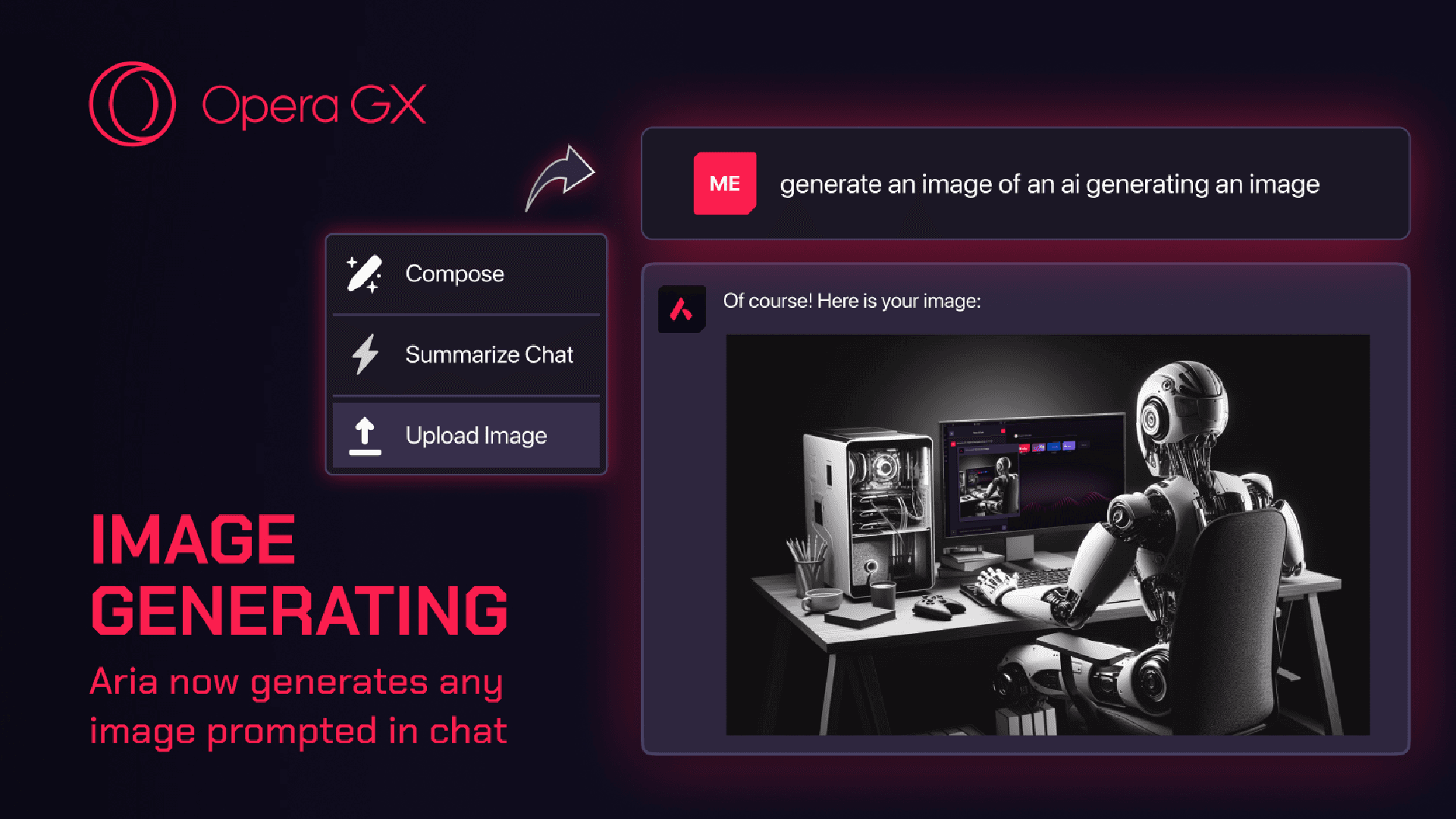 Visual de Aria con la marca Opera GX: un mensaje de chat junto a una imagen generada