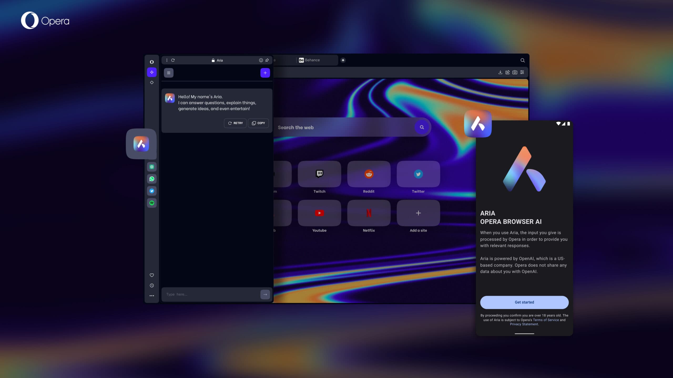 Barra lateral de Opera Aria junto a una página web y un panel móvil de consentimiento de IA en la misma imagen de TechCrunch