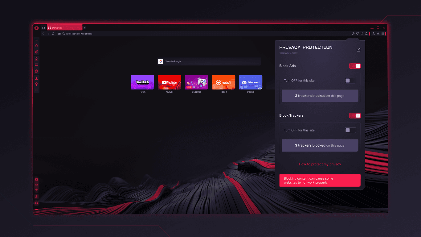Official Opera GX browser start page with the Privacy Protection panel showing ad and tracker blocking controls