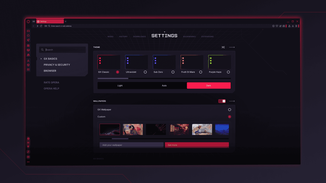 Official Opera GX Settings screen showing GX themes, dark mode and wallpaper choices