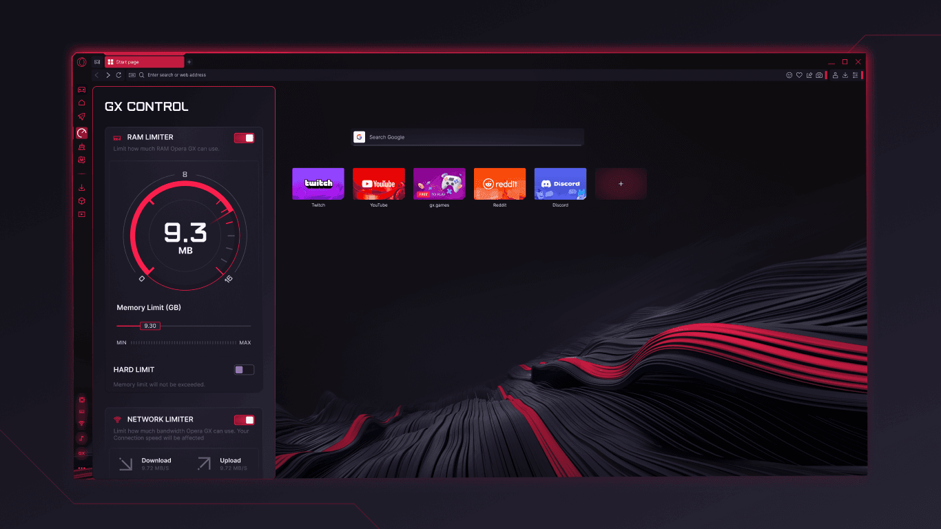 Opera GX start page with the GX Control panel showing RAM and network limiter controls
