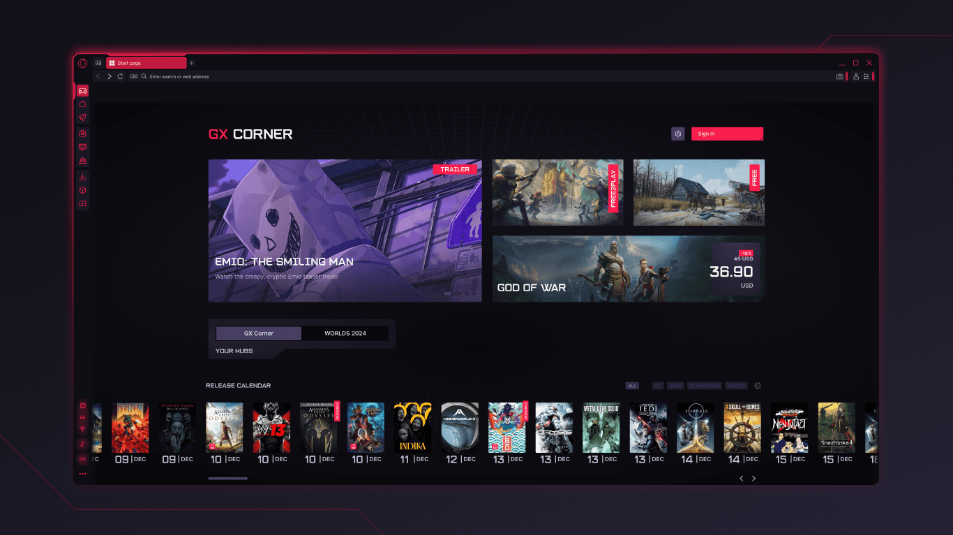 Opera GX GX Corner page with game news, free and discounted games, and a release calendar