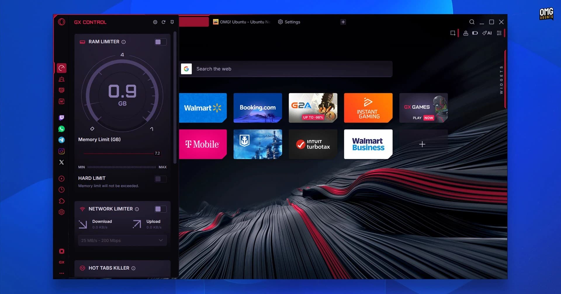 Opera GX for Linux with the GX Control panel open, showing RAM and network limiters beside the start page