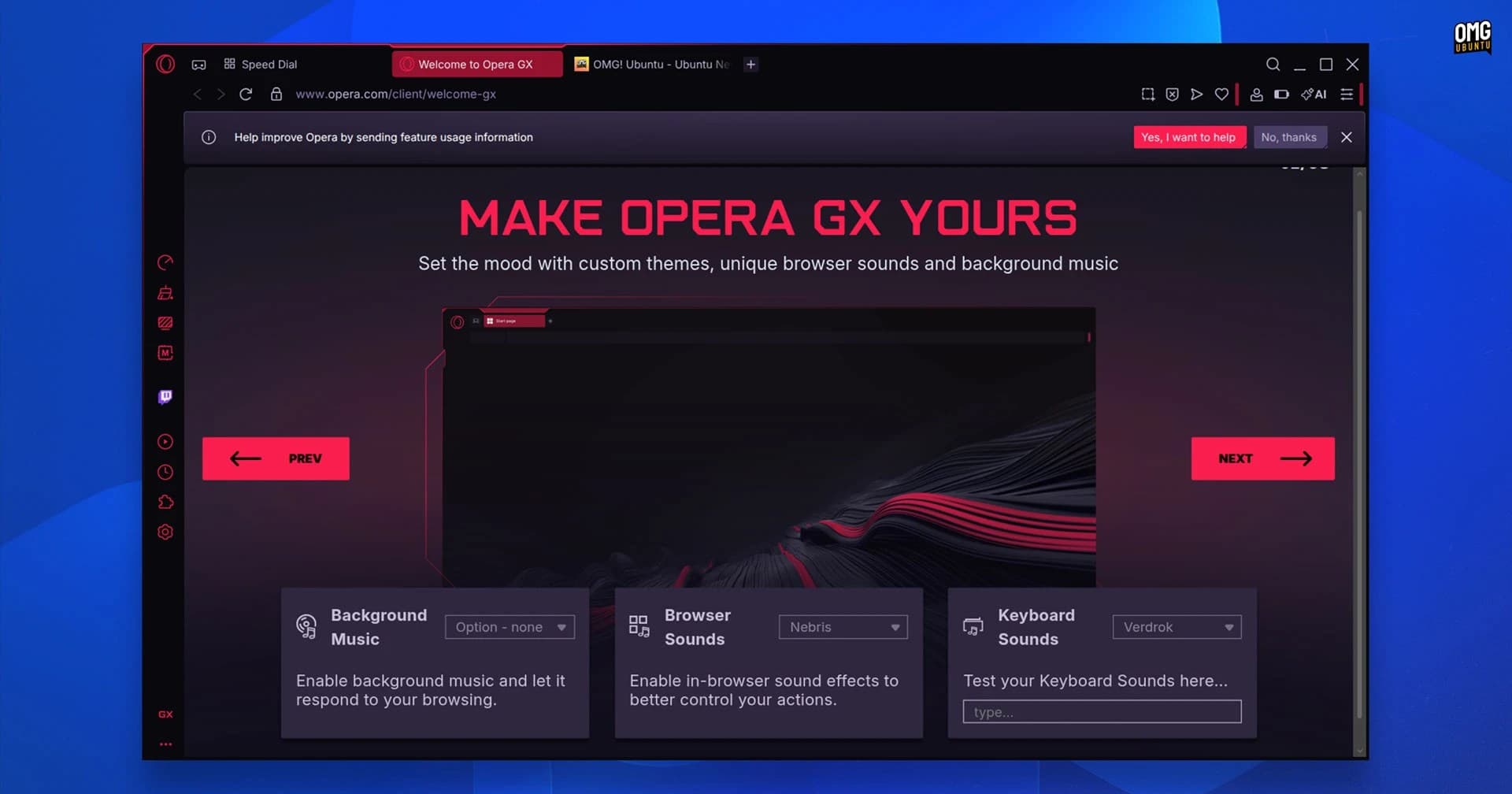 Opera GX for Linux first-run onboarding page with a dark neon interface, custom themes, background music and browser sounds