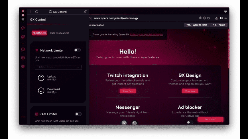 Opera GX MacUpdate screenshot showing GX Control with Network Limiter and RAM Limiter toggles