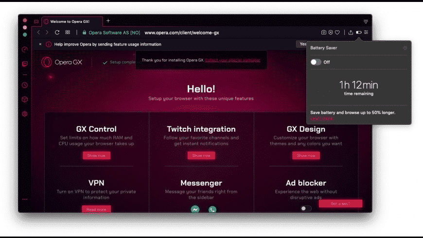 Opera GX welcome screen on MacUpdate with a Battery Saver time remaining panel