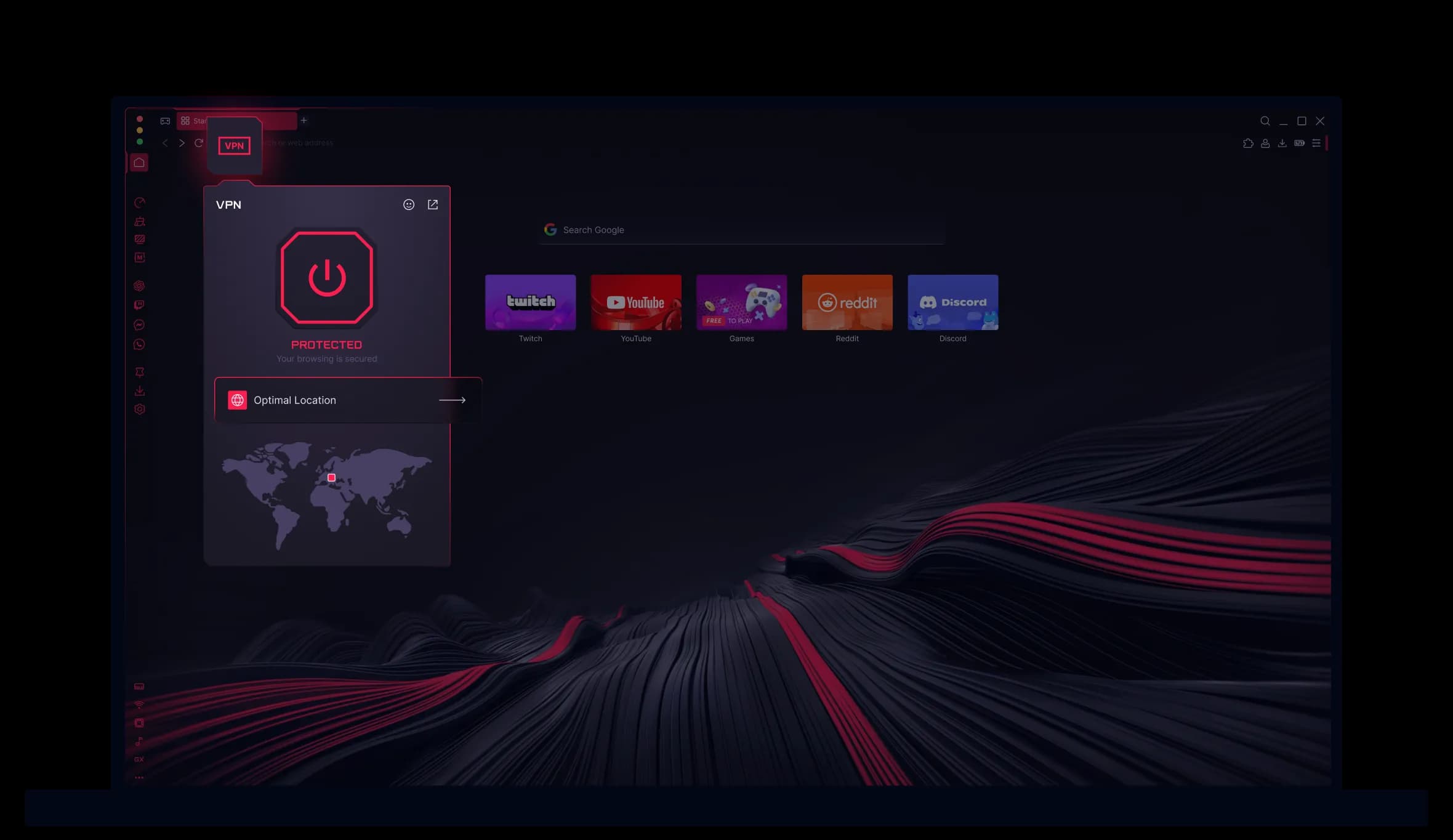 Opera GX browser window on macOS showing the official VPN panel marked protected