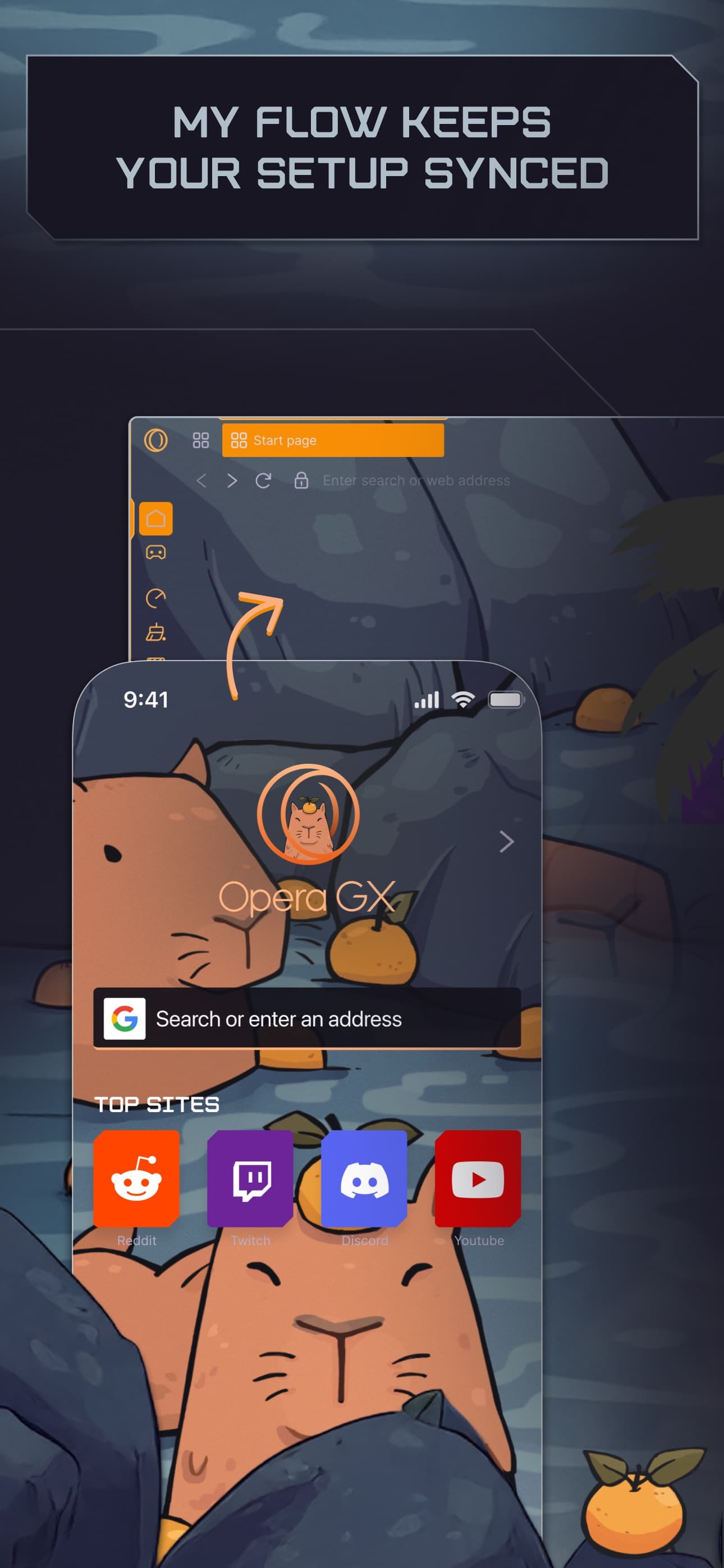 Official Opera GX iPhone App Store screenshot showing the Fast Action Button with large touch controls over the browser start page
