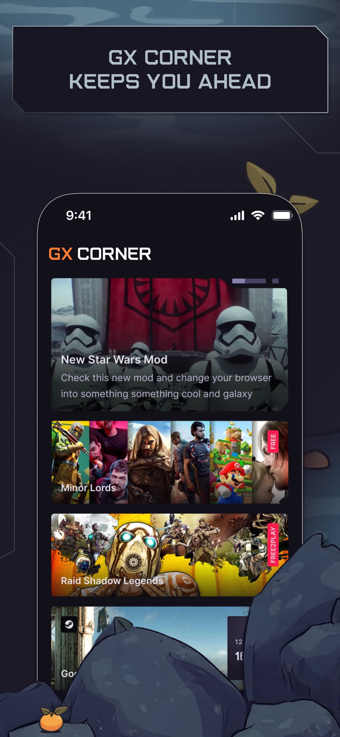 Official Opera GX iPhone App Store screenshot showing the GX Corner feed with gaming stories, a new mod and free game cards