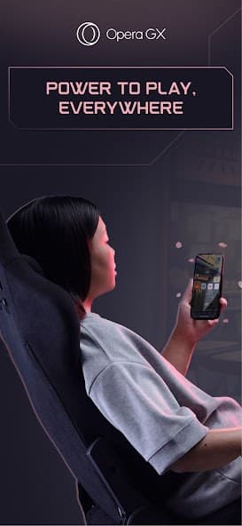 Official Google Play screenshot for Opera GX Mobile showing the Power to Play, Everywhere campaign and a phone in a gaming setup