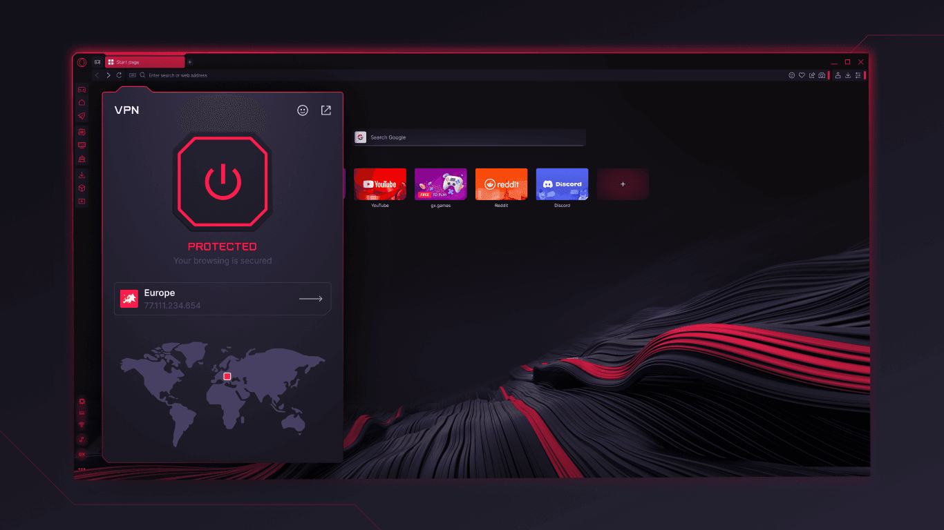 Official Opera GX VPN panel showing Protected status, an Europe server location, an IP address and a map