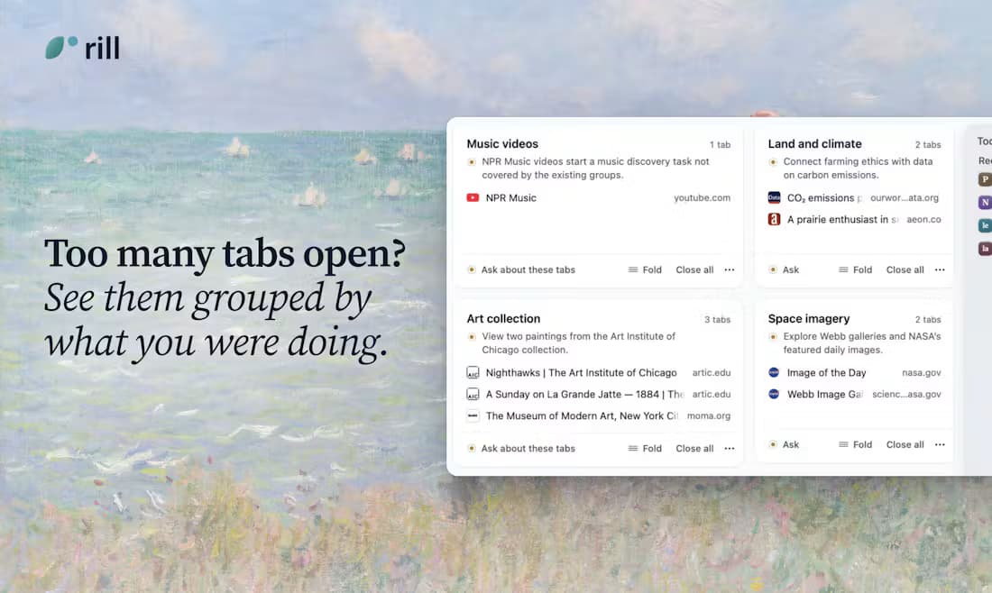 Rill groups open tabs by topic and shows the pages in each group.