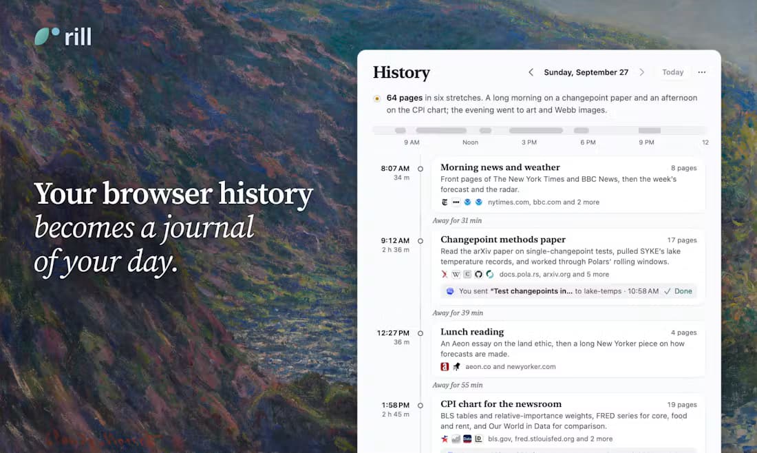 Rill history presents a day as a timeline of browsing sessions.