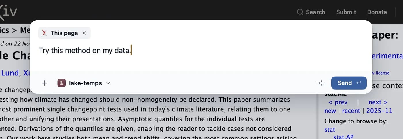Official Rill demonstration showing the current page attached to a task and a local project selected before sending