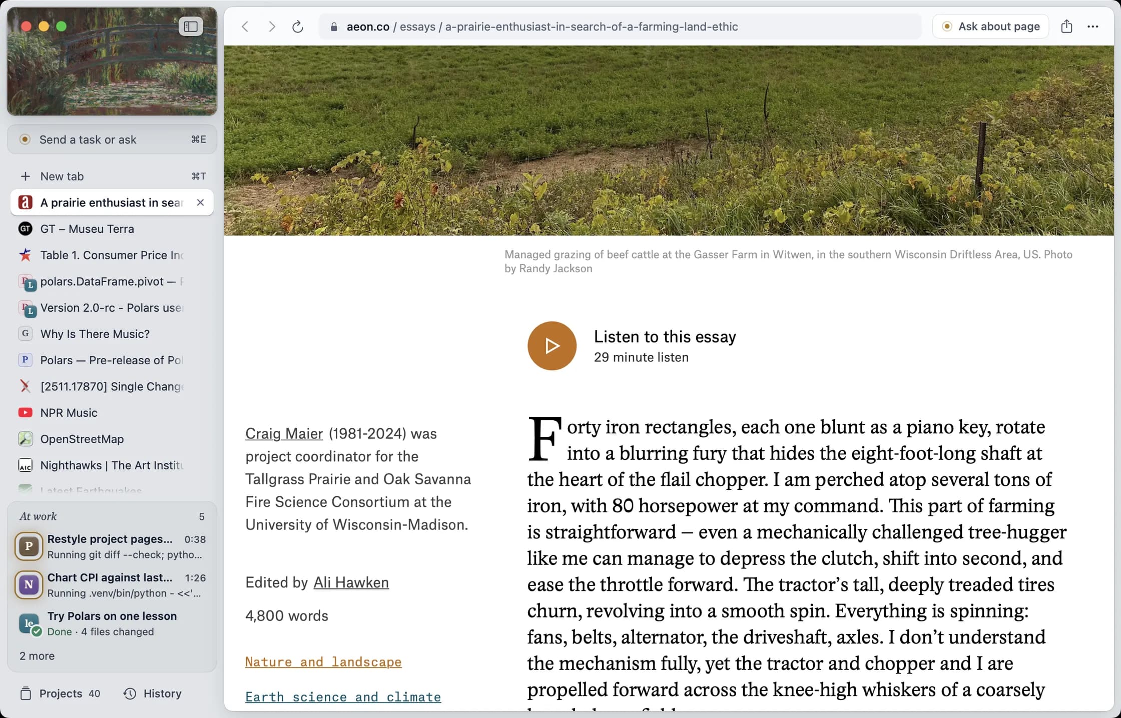 Official Rill browser screenshot with an article open, a tab sidebar, and several agent tasks showing running and completed states