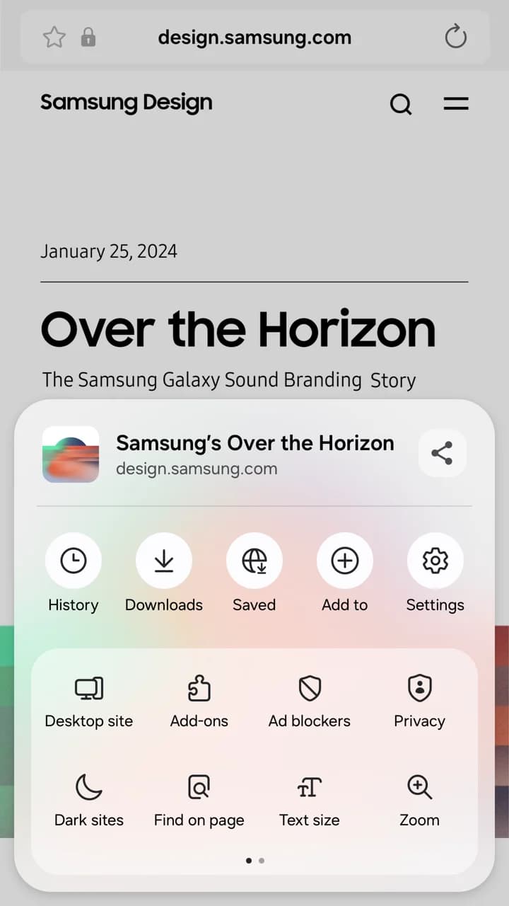 Samsung official Android screenshot showing separate Add-ons, Ad blockers and Privacy entries in the Tools menu.