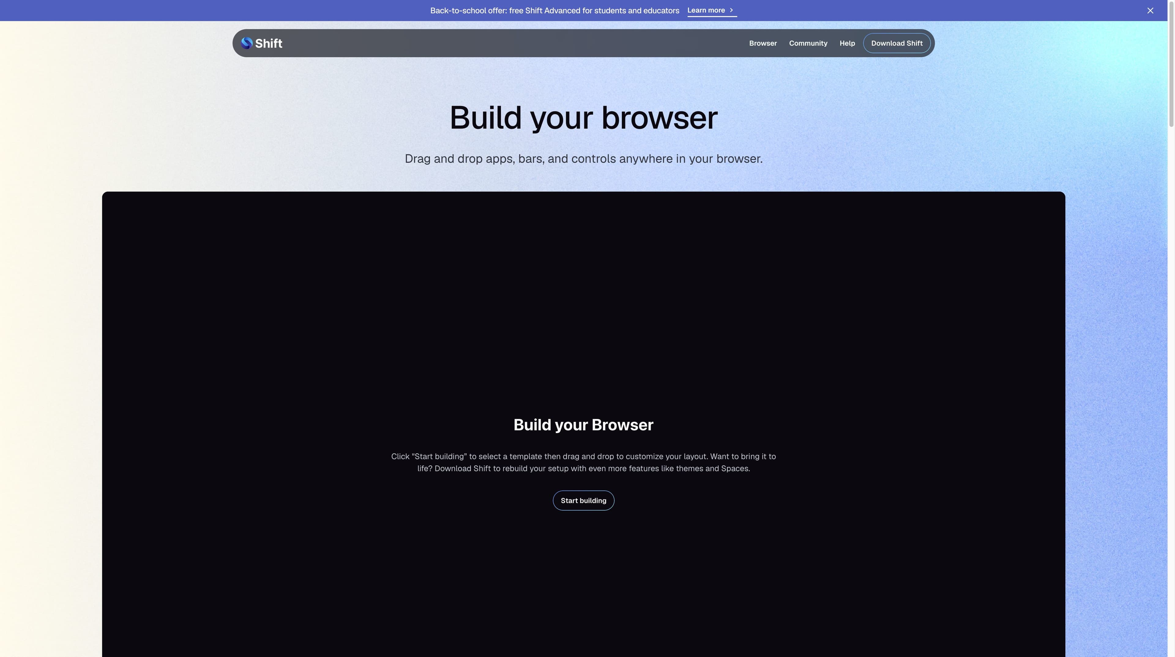 Shift 官方 Builder 頁面截圖，展示 Build your browser、拖放說明和 Start building 控件