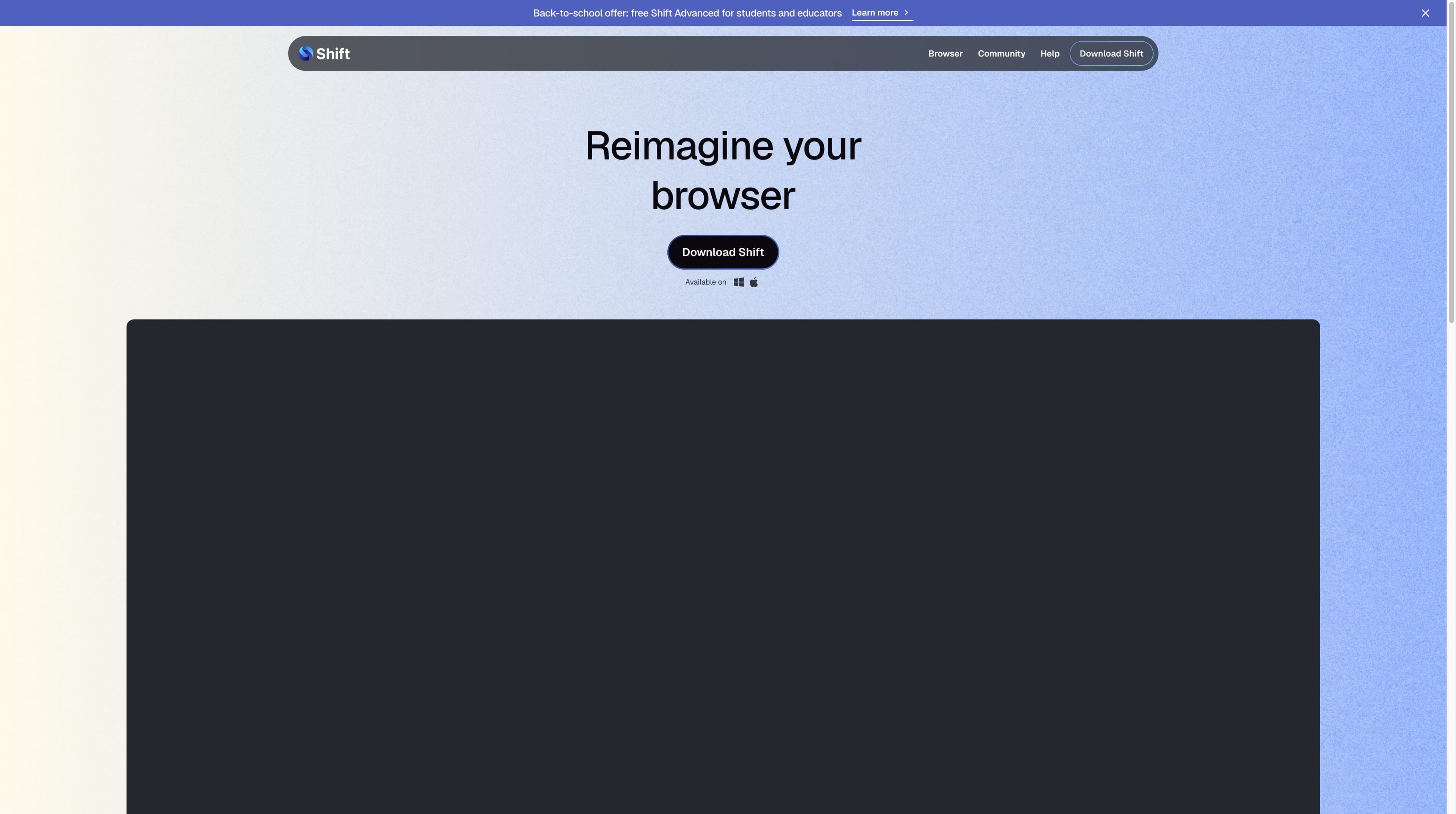 Shift 官方首頁截圖，展示 Reimagine your browser 標語、桌面導覽與下載按鈕