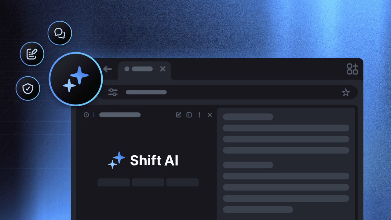 Gráfico oficial de Shift Browser con una interfaz oscura, un panel Shift AI y controles luminosos