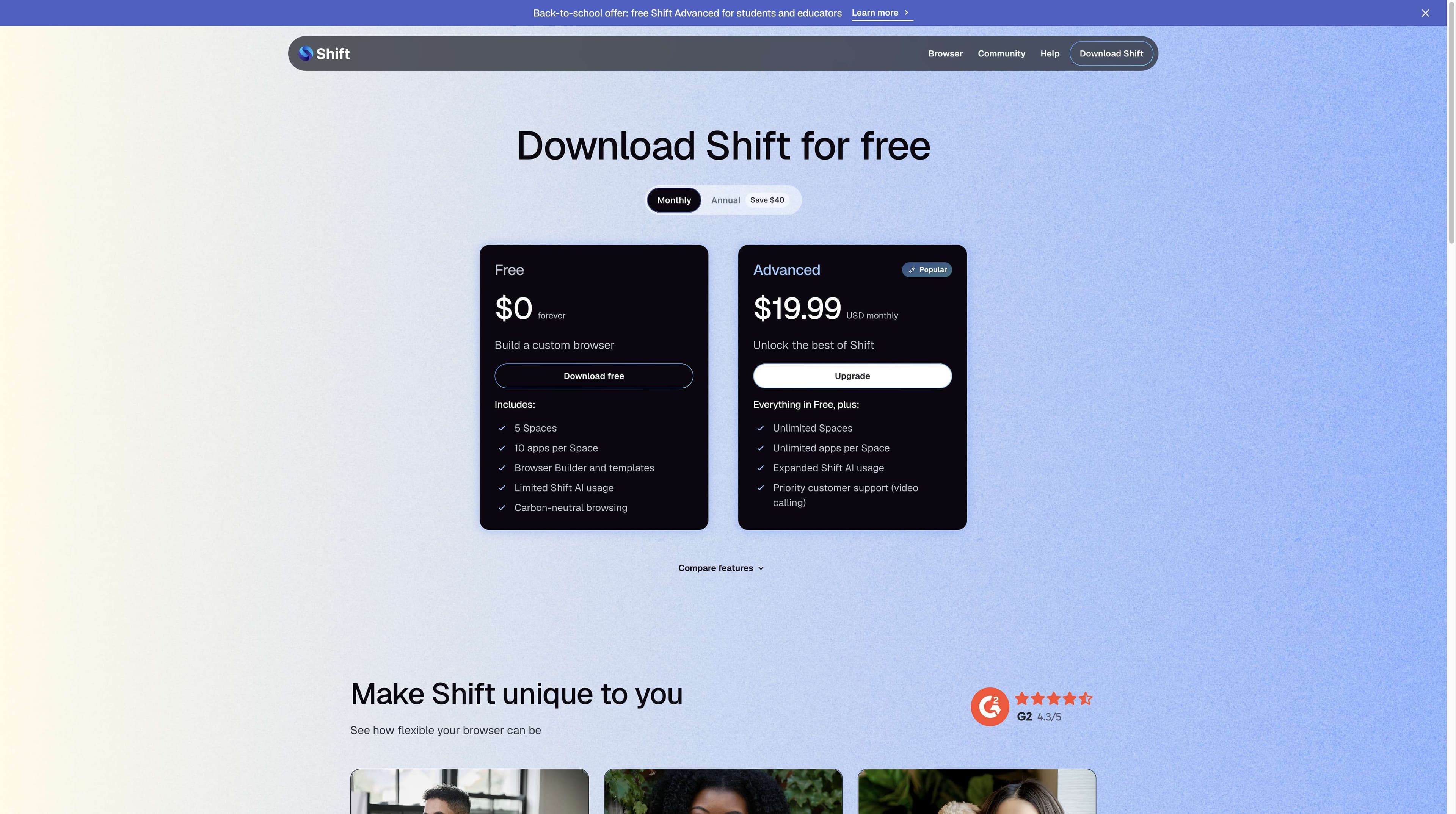 Página oficial de precios de Shift con Monthly seleccionado, Free a 0 dólares y Advanced a 19,99 dólares mensuales